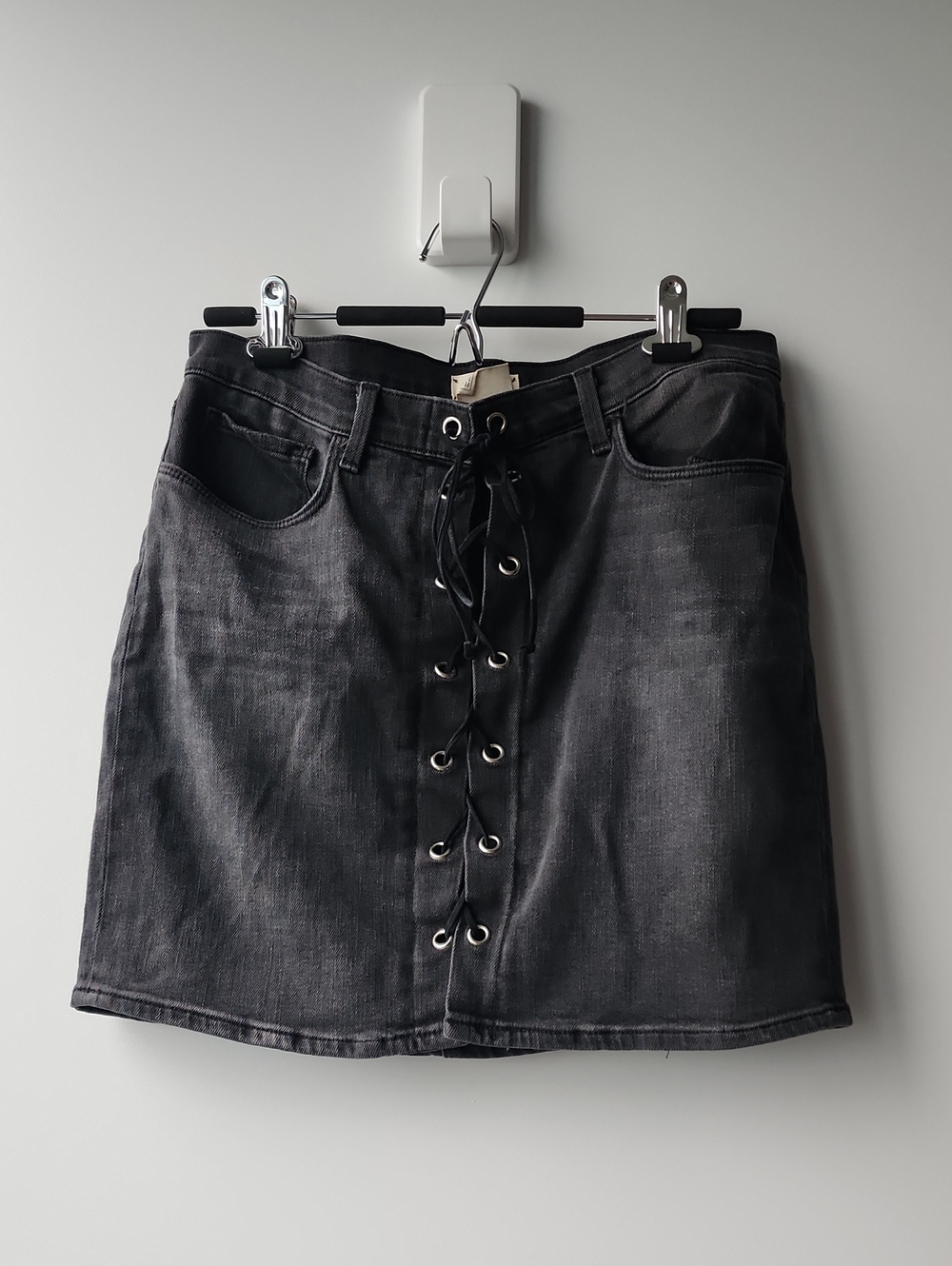 L'Agence High Rise Lace Up Faded Denim Pencil Skirt